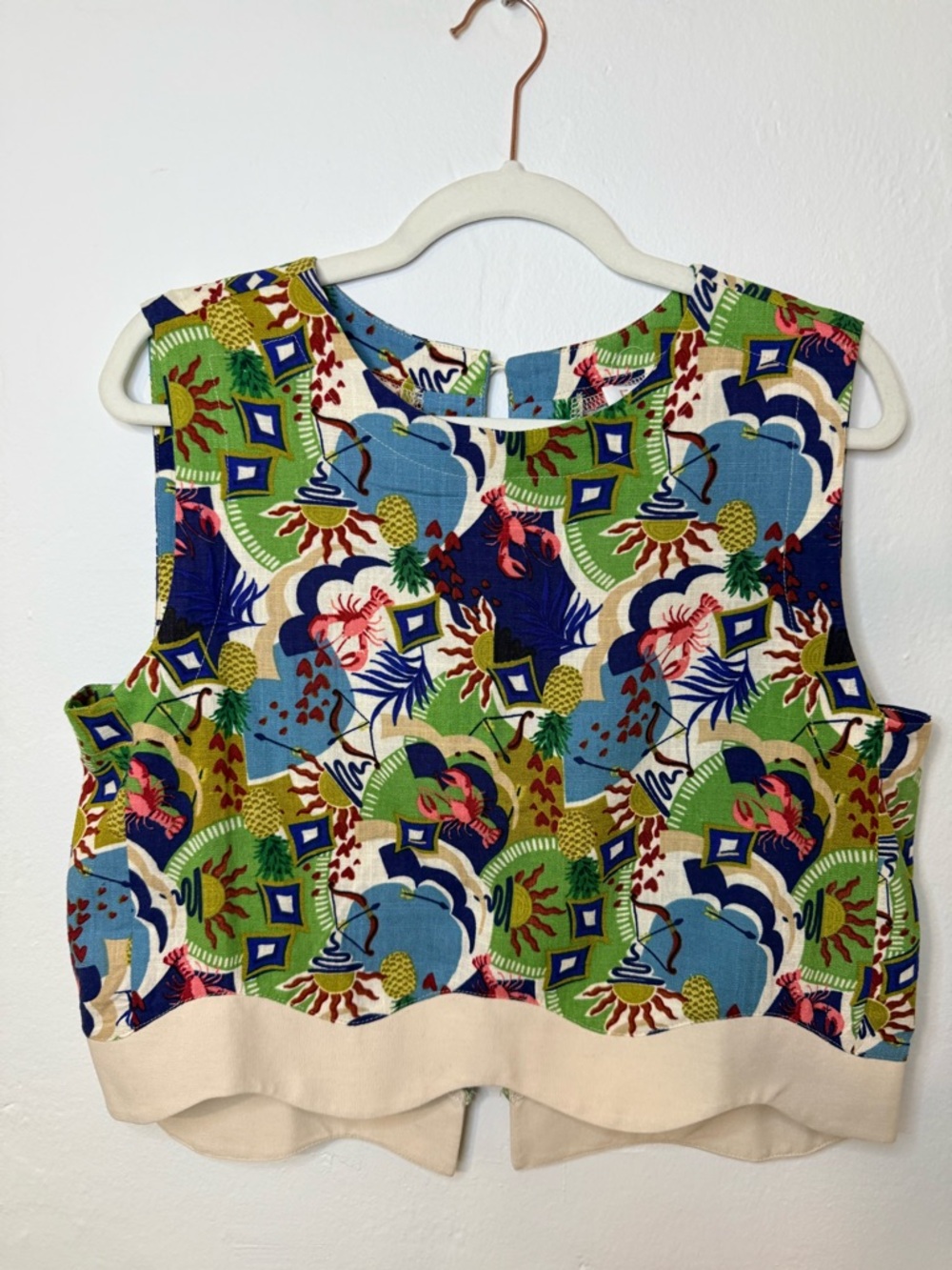 Fate Small Linen Blend Crop Top Coastal Print Lobster Nautical Sleeveless